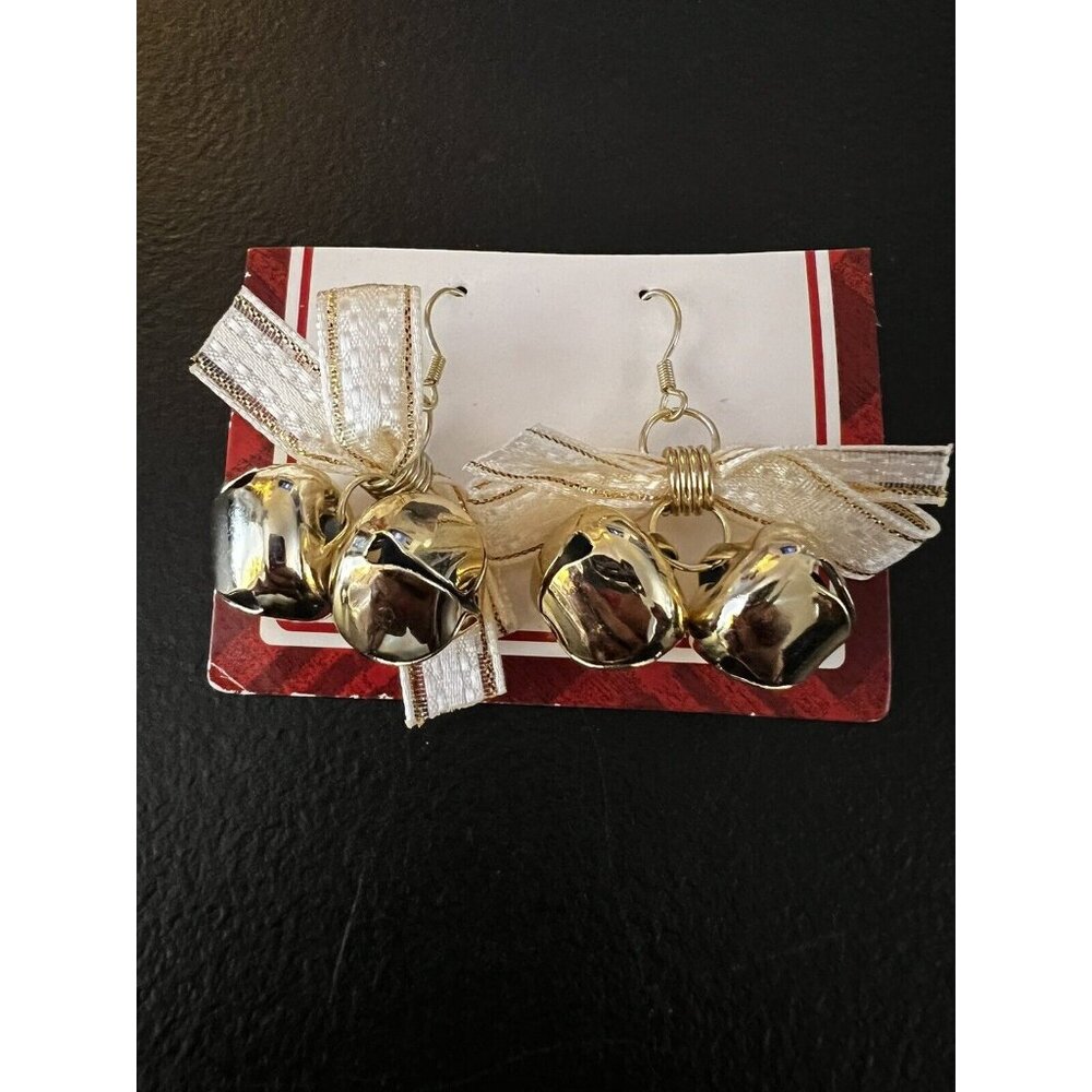 Gold Dangle Bows & Bells Christmas Earrings New in Box